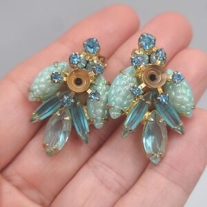 Vintage Juliana Earrings Aqua‎ Blue Open Back Rhinestone READ